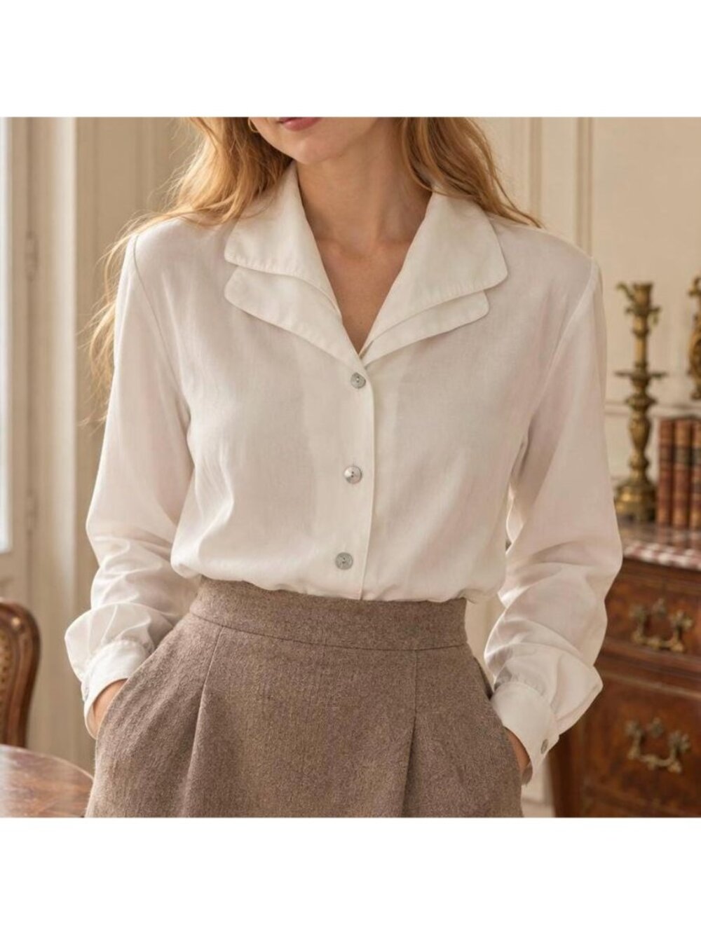 Vintage Dressbarn Ivory Blouse, Layered Collar, Iridescent Buttons, Long Sleeve